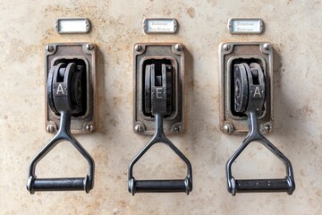 Old electrical lever switches on a control panel