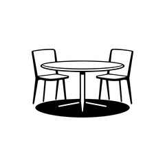 Simple Line Drawing of a Table and Two Chairs, Minimalist Interior Design Sketch. Modern Home Decor, Black and White Graphic Illustration.