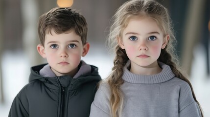 Two children, a boy and a girl, standing close together in a snowy environment.