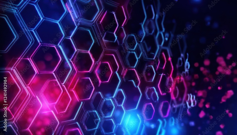 Poster futuristic neon hexagonal grid with glowing blue and pink lights, abstract cyber network background,