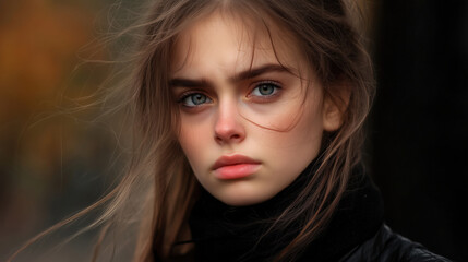 Fototapeta premium A young woman with long hair and a serious expression, wearing a black scarf against a blurred background.