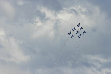 Aerobatic flight team in perfect formation in the sky