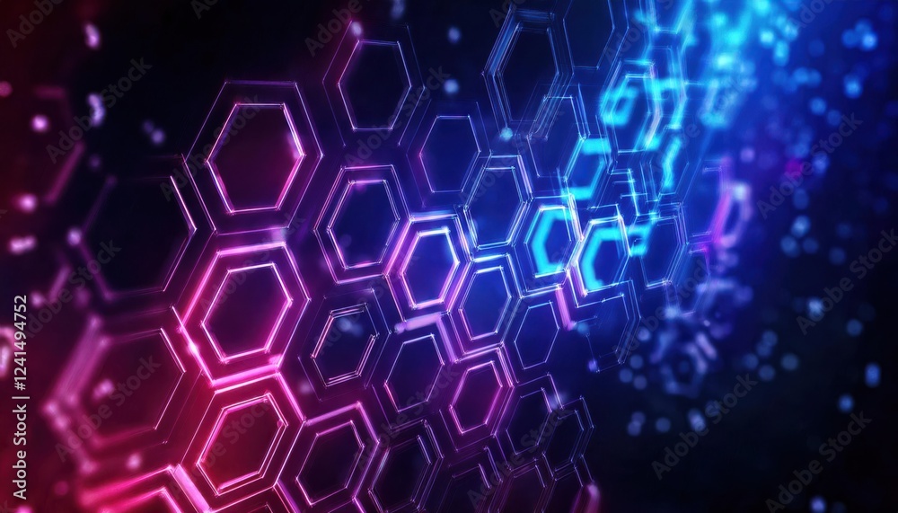 Aufkleber futuristic neon hexagonal grid with glowing blue and pink lights, abstract cyber network background,