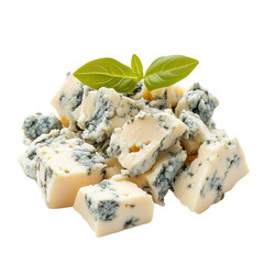A cluster of blue cheese cubes garnished with fresh basil leaves, showcasing its distinctive marbled texture and creamy appearance.