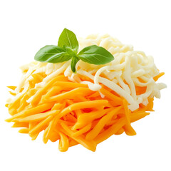 Fototapeta premium A vibrant mix of shredded cheeses garnished with a fresh basil leaf, showcasing a blend of textures and colors.