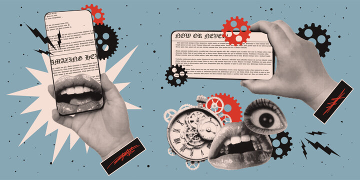 Pop art aesthetics news collage. Surreal atmosphere Grunge. Phone in hand, newspaper, lips, eyes. Vector.