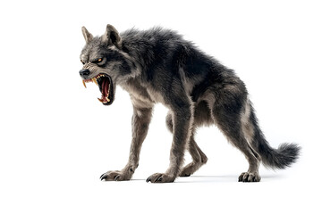 Fototapeta premium Realistic scary werewolf with wild appearance isolated on a white background. Ferocious werewolf snarling with menacing stance