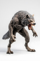 Fototapeta premium Realistic scary werewolf with wild appearance isolated on a white background. Ferocious werewolf snarling with menacing stance