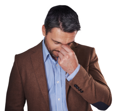 Businessman, stress and headache for work company, burnout problem or fail mistake as employee. Male person, fatigue and anxiety or isolated on transparent png background for thinking, hr or job pain