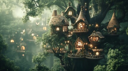Fototapeta premium Enchanting Treehouse Village with Glowing Lights and Flying Creatures