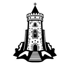 Obraz premium Majestic Medieval Castle Tower: A Black and White Architectural Illustration