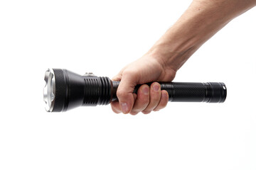 black flashlight in hand on a white background