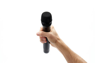 A black walkie-talkie is held in the hand on a white background.
