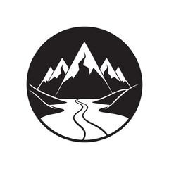 Mountain and river Vector design with a landscape, A clip art of a river its way around a mountain. Vector mountain landscape with clean sky and calm river and pine trees silhouettes illustration.