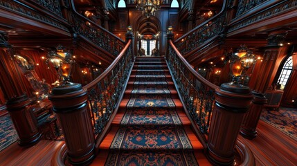 Obraz premium Grand mansion staircase, ornate interior, opulent design, night scene, luxury home