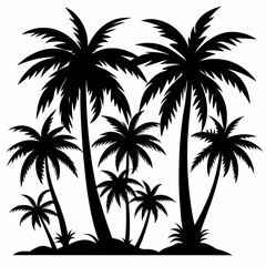 A set of isolated black vector silhouettes of various palm tree designs on a white background.