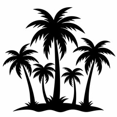 A set of isolated black vector silhouettes of various palm tree designs on a white background.