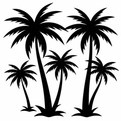 Fototapeta premium A set of isolated black vector silhouettes of various palm tree designs on a white background.