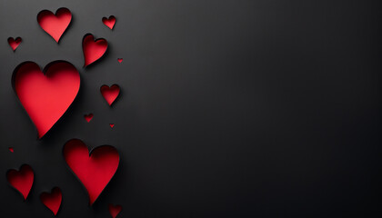 abstract dark background for Valentine day holiday, red hearts shape on a black backdrop with copy space