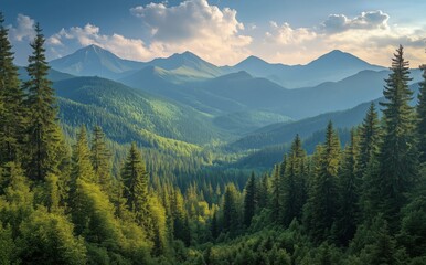 Obraz premium Lush green valleys and towering mountains under a bright blue sky in the afternoon