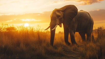Fototapeta premium A majestic elephant walking through the savanna, with tall grasses and a golden sunset in the background