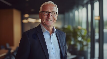 Fototapeta premium Confident Senior Businessman in Modern Office Setting Smiling