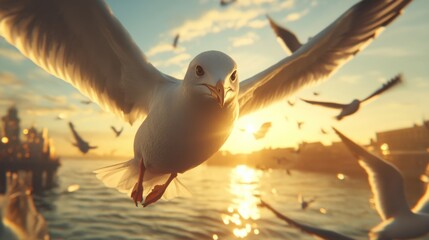 Majestic Seagull in Flight Against a Beautiful Sunset Background