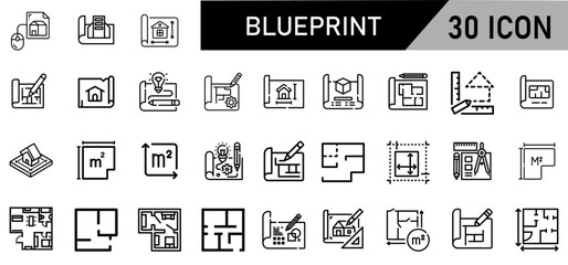 Minimalist Blueprint Icon Pack | 30 Outline Vector Icons, Editable stroke. 