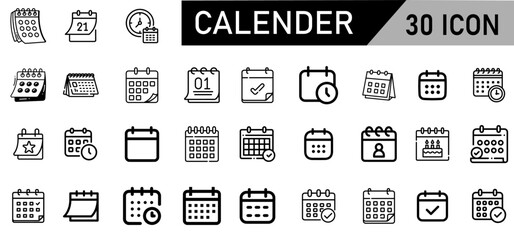 Minimalist Calendar Icon Pack | 30 Outline Vector Icons, Editable stroke. 