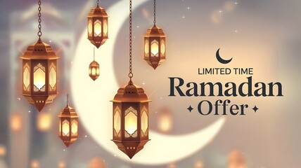 Ramadan Special Offer Banner with Crescent Moon and Lanterns. Ramadan offer. Ramadan Mubarak sale. Ramadan big sale. Ramadan Mubarak deals exclusive sale 