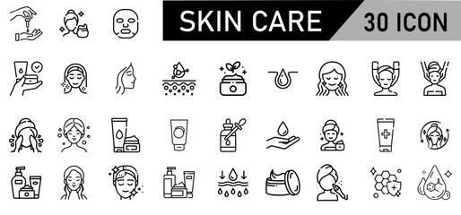 Minimalist Skin Care Icon Pack | 30 Outline Vector Icons, Editable stroke. 