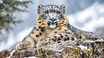 Obraz premium A majestic snow leopard resting on a rocky outcrop, with a snow-covered mountain backdrop
