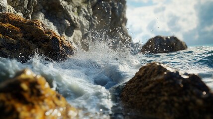 Ocean waves crashing on rocky shoreline with splashes and sea foam under blue sky