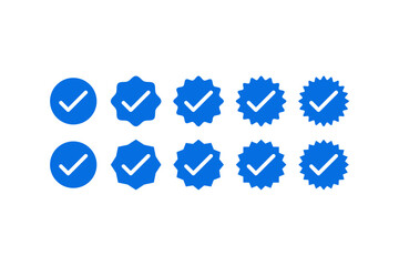 Collection of Blue Verified badges in different shapes. verified check mark icon set