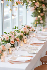 A table with a white tablecloth and a floral centerpiece