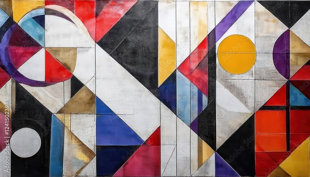 Poster abstract geometric composition with intersecting semicircles, triangles, and bold colors on textured
