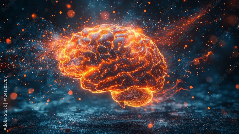 Poster a glowing brain emerges from the darkness, surrounded by fiery energy and swirling particles. the sc