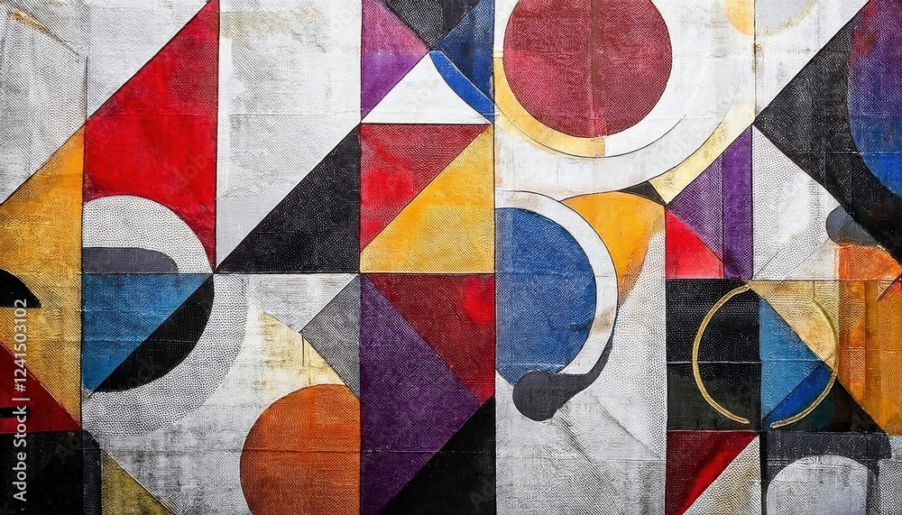 Poster abstract geometric composition with intersecting semicircles, triangles, and bold colors on textured canvas for modern decor

