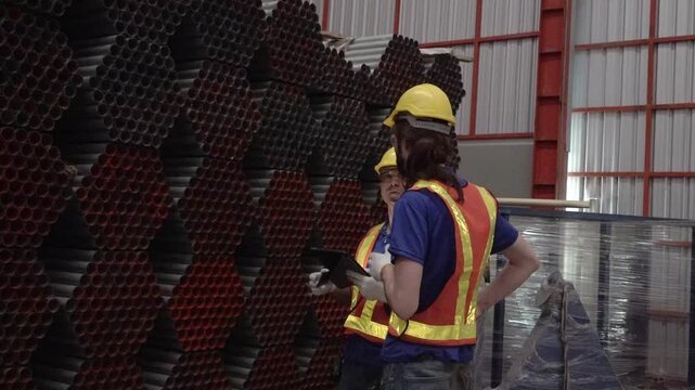 Industrial Warehouse Insight: Two construction workers in hard hats and safety vests discuss plans amidst stacks of industrial pipes within a well-lit warehouse setting.