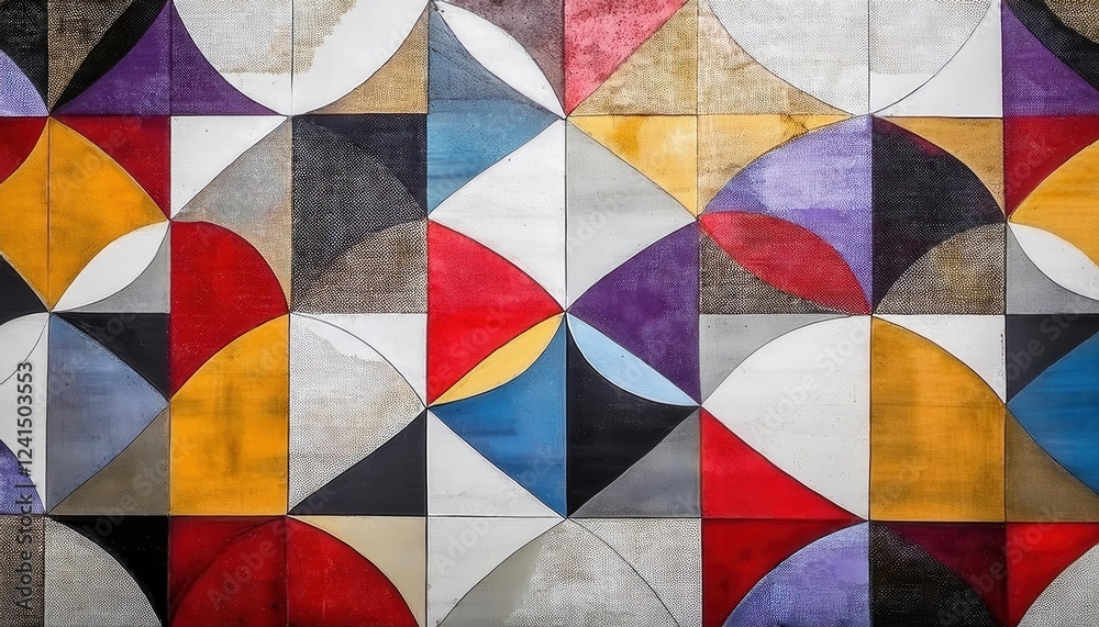 Poster abstract geometric composition with intersecting semicircles, triangles, and bold colors on textured canvas for modern decor

