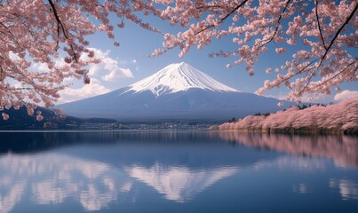 Stunning view of Mount framed by cherry blossoms at a serene lake during springtime