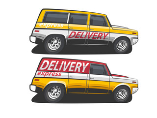 Obraz premium Delivery truck illustration. Delivery concept design template. Delivery service concept. Cargo and Logistics hand drawn vector illustration. Delivery Van isolated. Cartoon Style