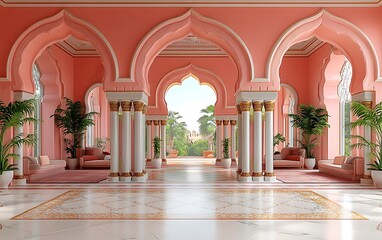 Obraz premium Serene Pink Interior with Arched Doorways, Marble Floors, and Lush Plants