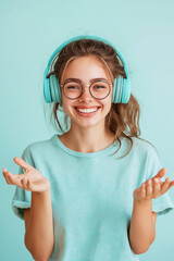 Naklejka premium A woman wearing glasses and a blue shirt is smiling and holding her hands up