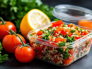 A vibrant salad with quinoa, tomatoes, and parsley, accompanied by fresh lemons and ripe tomatoes, showcasing healthy eating.