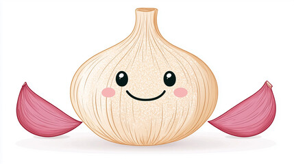 Cheerful garlic and onions surrounded by vibrant colors in a playful cartoon style suitable for children's artwork or kitchen decor