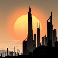 Obraz premium Modern city skyline with tall glass buildings reflecting sunlight silhouetted skyline cityscape architecture illustration building city vector