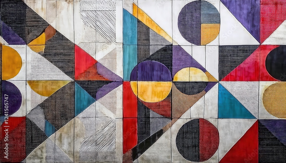 Poster abstract geometric composition with intersecting semicircles, triangles, and bold colors on textured canvas for modern decor

