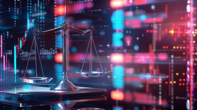 concept of law and justice with digital scales and stock market charts in high-resolution 3D rendering