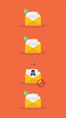 Email envelope with black document and skull icon. Virus, malware, email fraud, e-mail spam, phishing scam, hacker attack concept. Vector illustration	
